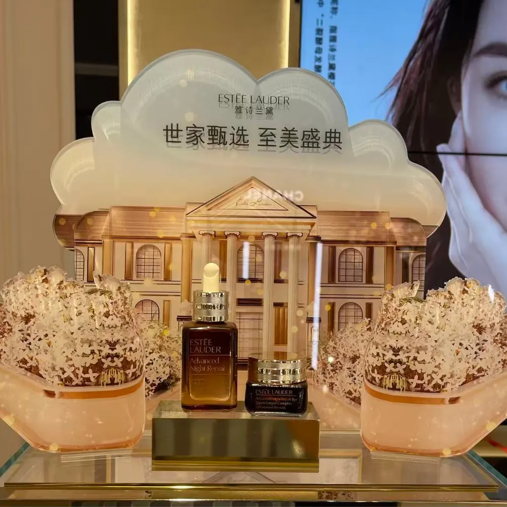 Custom Acrylic Cosmetic Counter Display featuring a golden palace design for luxury skincare POS visual merchandisin