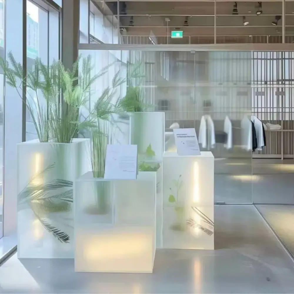 Illuminated frosted acrylic display plinths with warm LED lighting, featuring a semi-translucent white finish and botanical decorations in a modern retail gallery setting.