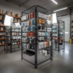 A black Floor-standing Gridwall Display Tower fully stocked with packaged electronic accessories hanging on hooks in a warehouse setting.