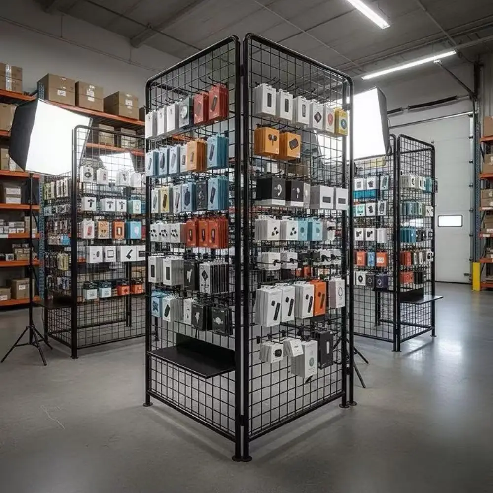 A black Floor-standing Gridwall Display Tower fully stocked with packaged electronic accessories hanging on hooks in a warehouse setting.