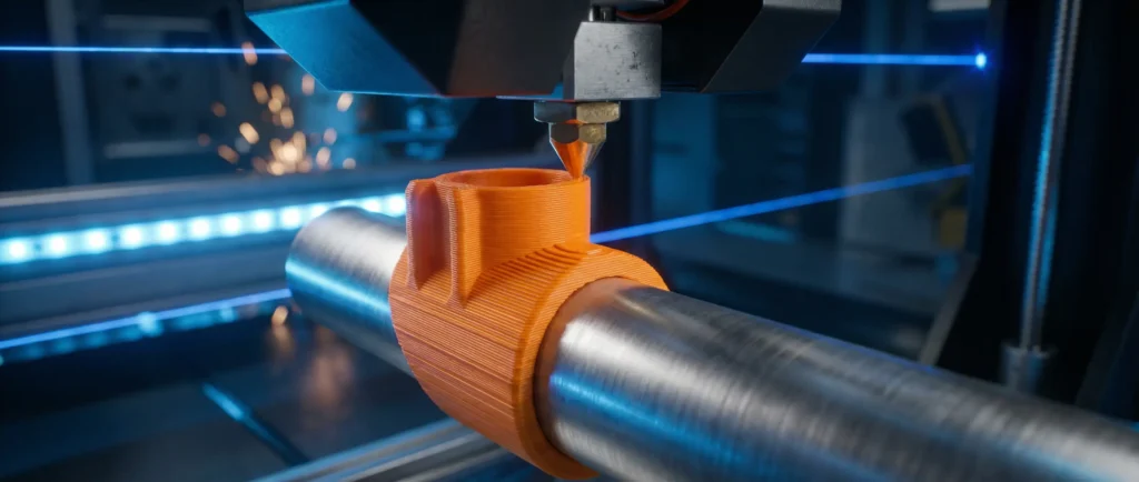 Close-up of industrial 3D printing nozzle extruding orange filament onto a metal pipe for custom display parts