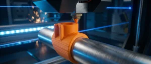 Close-up of industrial 3D printing nozzle extruding orange filament onto a metal pipe for custom display parts