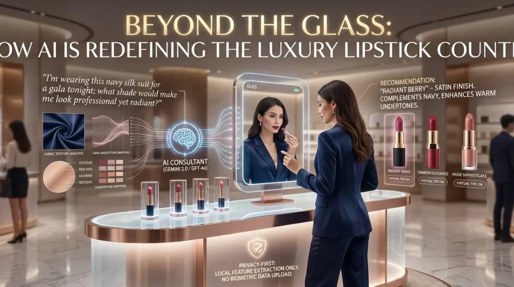 Woman using an AI-powered smart mirror for virtual lipstick try-on at a luxury beauty counter, featuring skin tone analysis and personalized product recommendations.