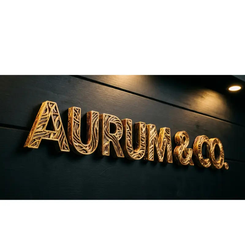 3D printed gold signage "AURUM & CO." with textured lattice infill on dark wall