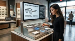 Interactive RFID smart glasses display stand with real-time product data screen